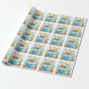 Fishing 1st Birthday with Cake  Wrapping Paper