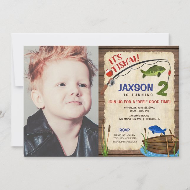 Fishing 2nd birthday boy rustic outdoors photo invitation (Front)