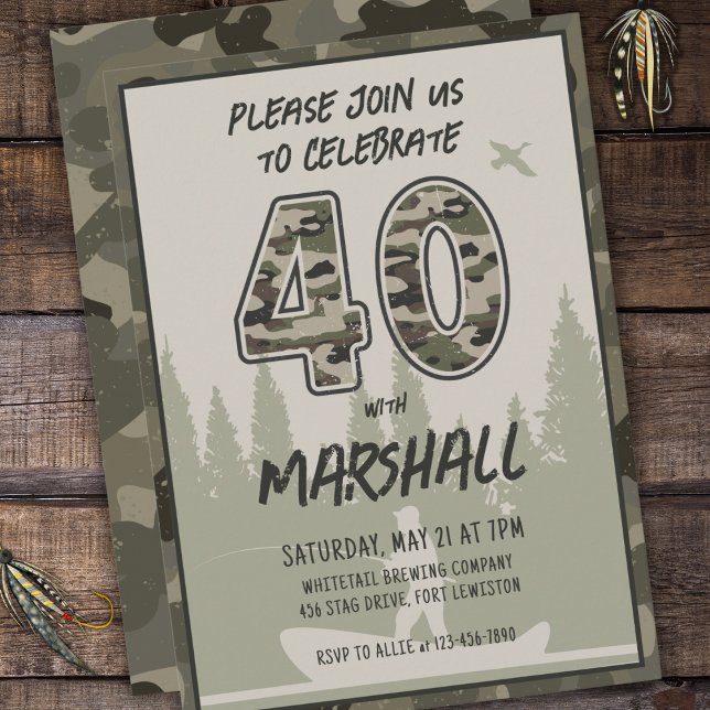 Fishing 40th Birthday Camouflage Woodland Forest Invitation (Creator Uploaded)