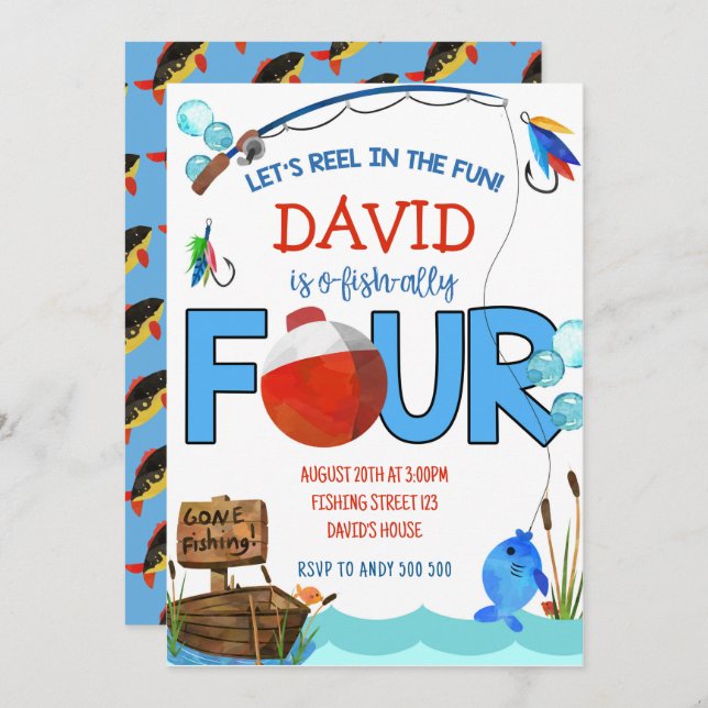 Fishing 4th Birthday Boy Party O-fish-ally Invitation (Front/Back)