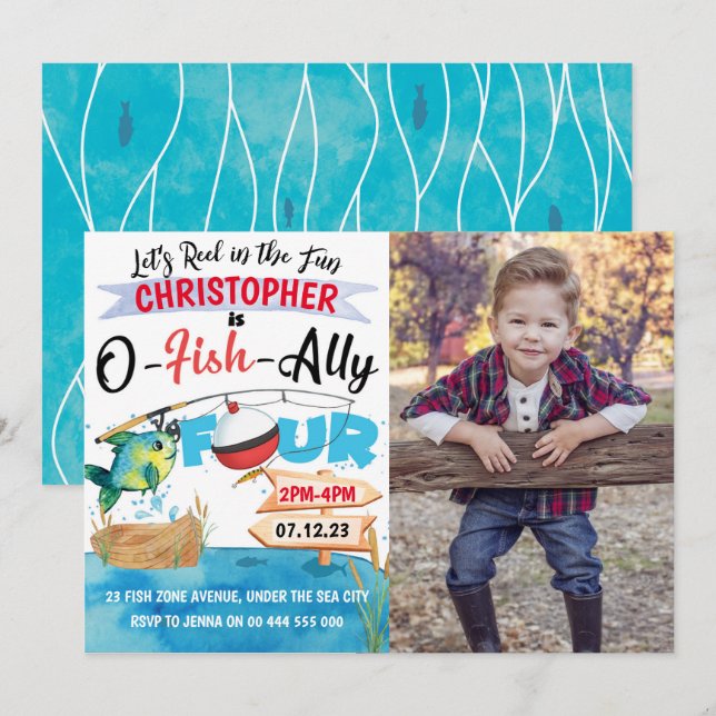 Fishing 4th Birthday O-Fish-Ally 4 Photo Invitation (Front/Back)