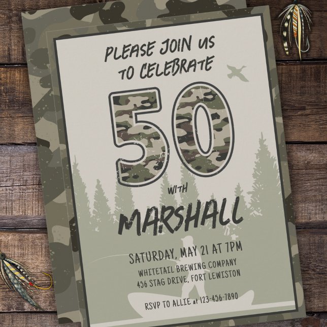 Fishing 50th Birthday Camouflage Woodland Forest Invitation (Creator Uploaded)