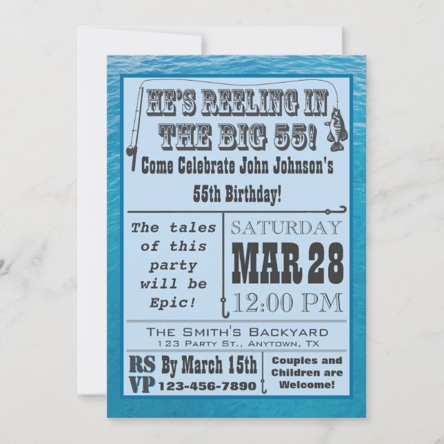 Fishing 55th Birthday Invitation with Water (Front)