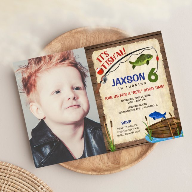 Fishing 6th birthday boy rustic outdoors photo invitation (Creator Uploaded)