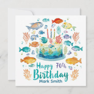 Fishing 70th Birthday with cake fishing themed Card