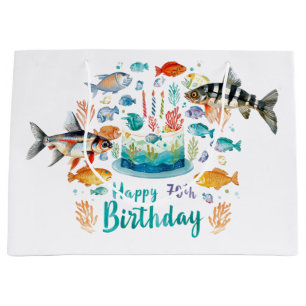 Fishing 70th Birthday with cake fishing themed Large Gift Bag