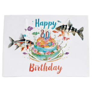 Fishing 80th Birthday with cake fishing themed Large Gift Bag