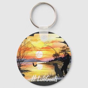 Fishing and Dog Lover "Life Goals" Trendy Sunset Key Ring