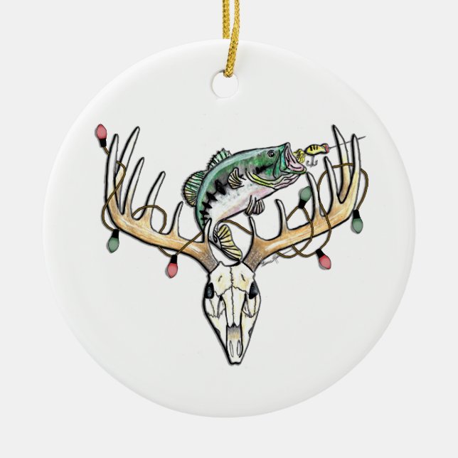 Fishing and Hunting Bass and Deer Ceramic Tree Decoration (Front)