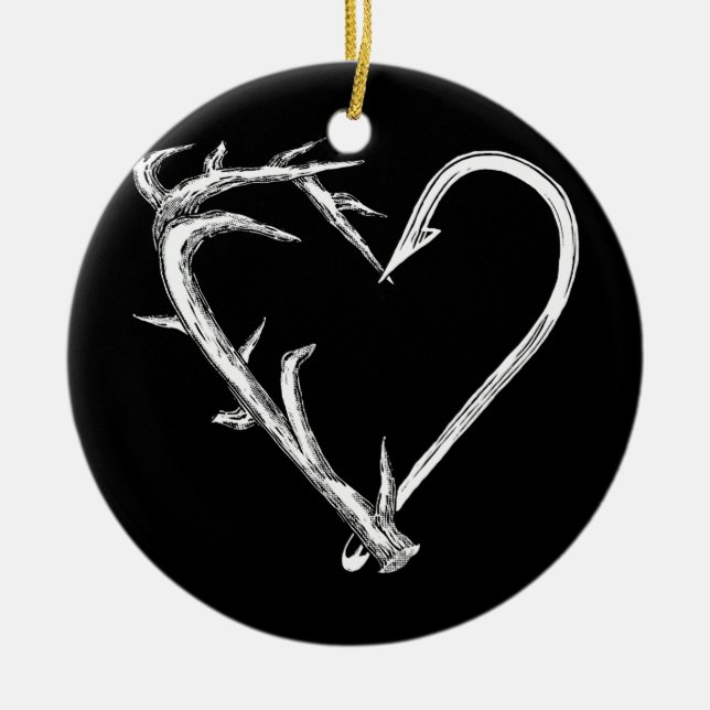 Fishing and Hunting Heart Artistic Antler & Hook Ceramic Tree Decoration (Front)