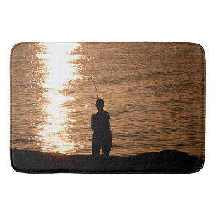 Fishing at sunset bath mat