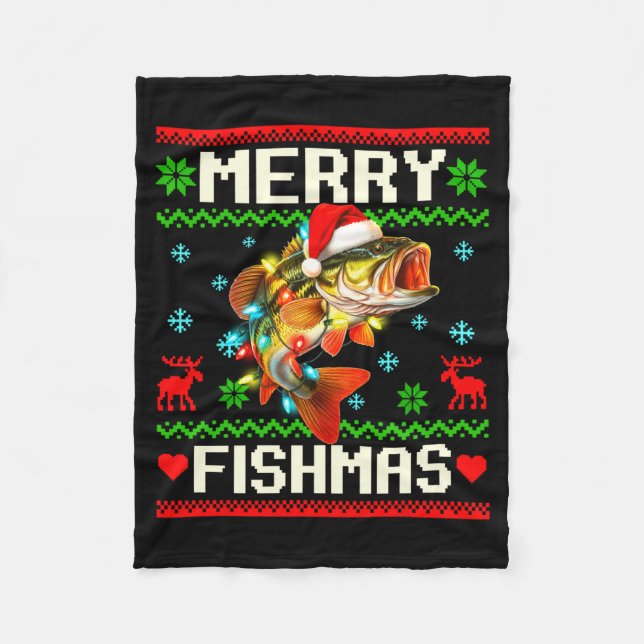 Fishing B Fish Merry Fishmas Fisherman Ugly Christ Fleece Blanket (Front)