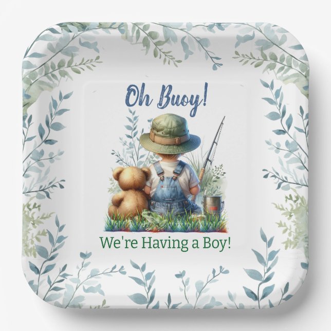 Fishing Baby and Teddy Bear | Baby Shower Paper Plate (Front)