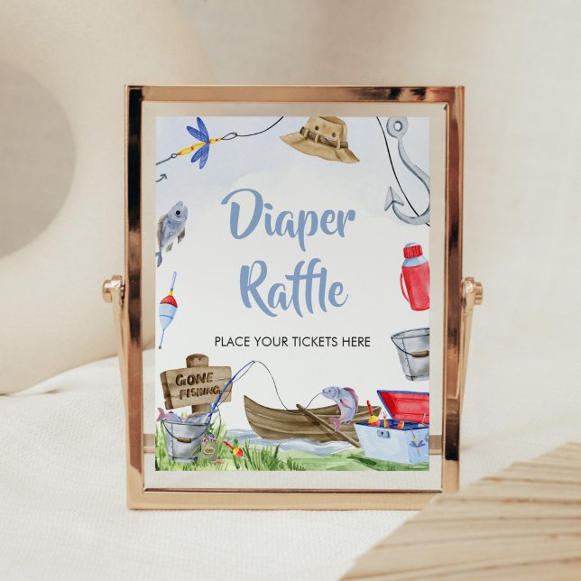 Fishing Baby Shower Diaper Raffle Poster (Little Fisherman Baby Shower Diaper Raffle SIgn)
