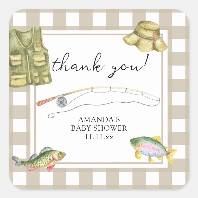 Fishing Baby Shower Folded Thank You Card Square Sticker (Front)
