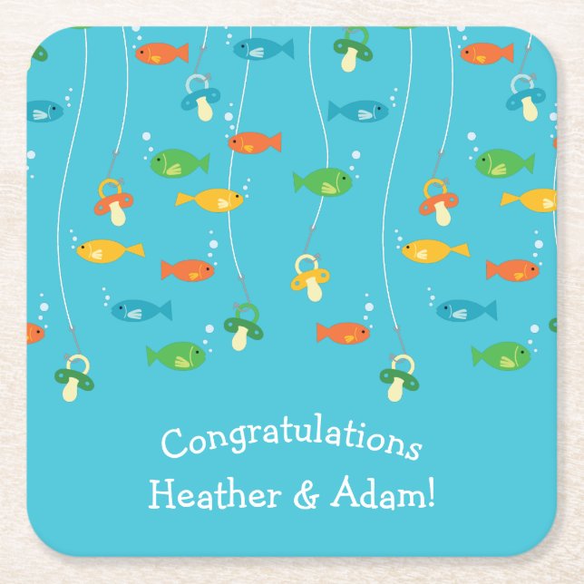 Fishing Baby Shower Square Paper Coaster (Front)