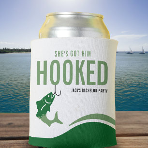 Fishing Bachelor Party Funny She's Got Him Hooked Can Cooler