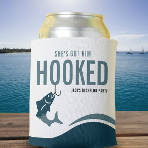 Fishing Bachelor Party Funny She's Got Him Hooked Can Cooler