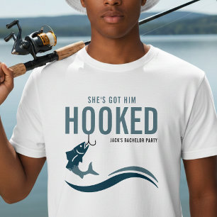 Fishing Bachelor Party Funny She's Got Him Hooked T-Shirt