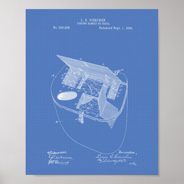 Fishing Basket 1896 Patent Art Blueprint Poster (Front)