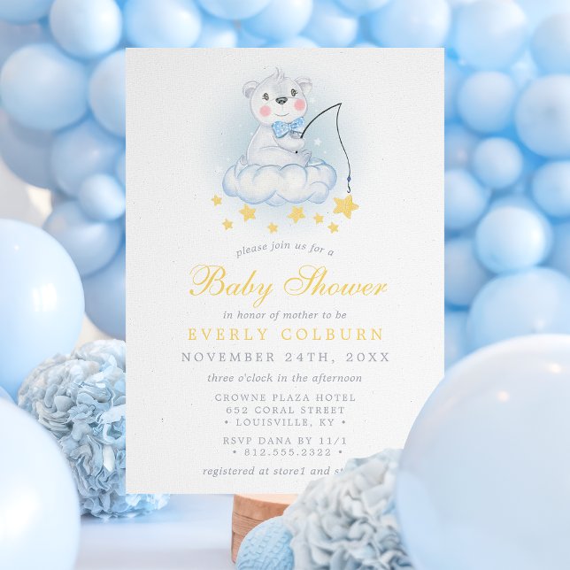 Fishing Bear On Clouds Watercolor Boy Baby Shower Invitation (Creator Uploaded)