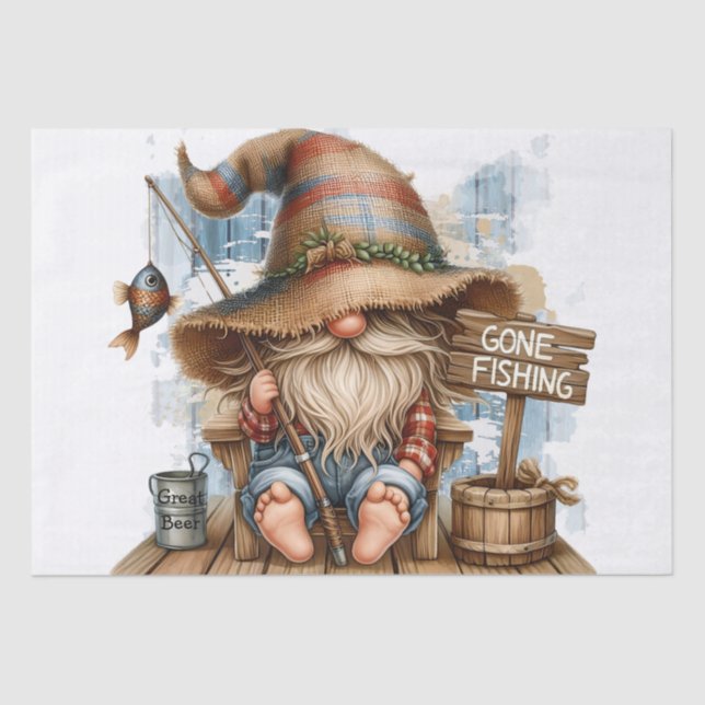 Fishing Beer Drinking Gnome Tissue Paper (Front)