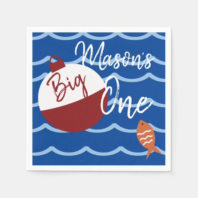 Fishing Big One First Birthday Fish Waves  Napkin (Front)