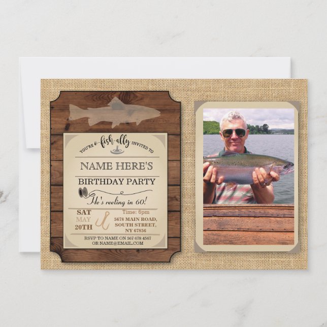 Fishing Birthday Party Wood Fish Rod Photo Invite (Front)