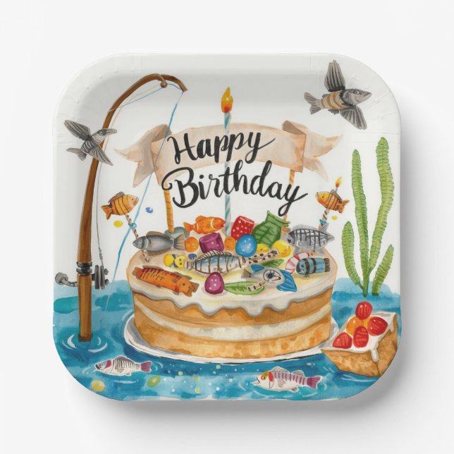 Fishing Birthday themed for Anglers Fishermen  Paper Plate (Front)