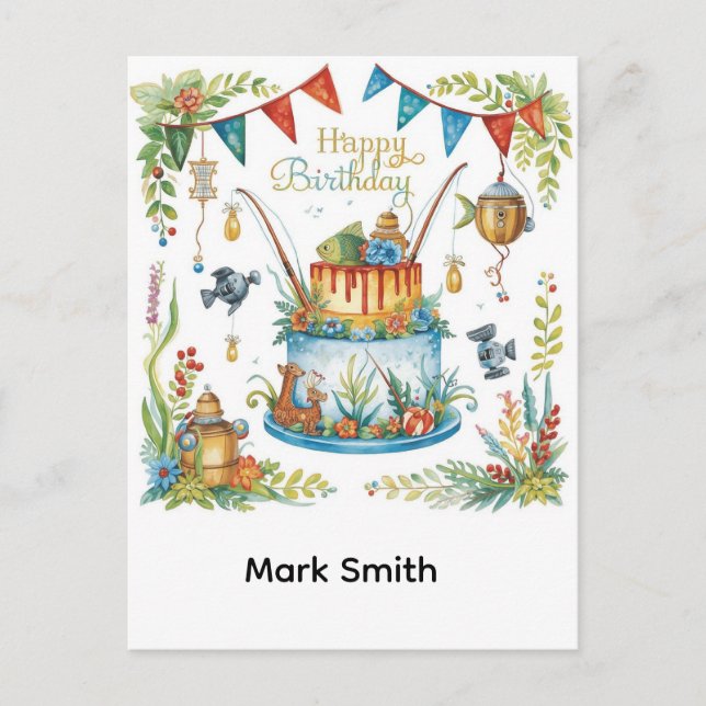 Fishing birthday themed hooked on fun  postcard (Front)