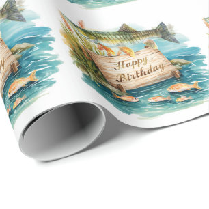 Fishing birthday themed hooked on fun wrapping paper