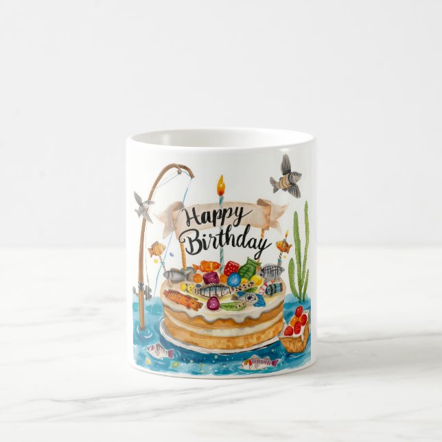 Fishing birthday themed with cake  coffee mug (Center)