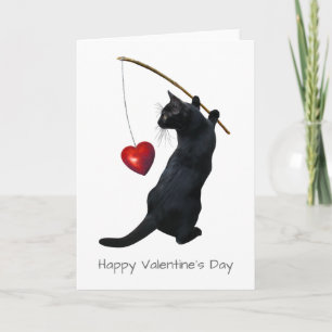 Fishing Black Cat with a Red Heart Card