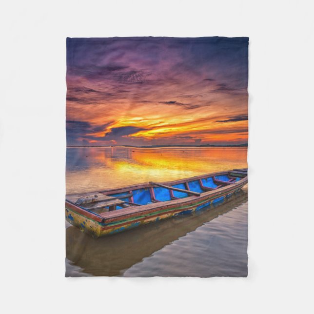 Fishing Boat At Sunrise | Jubakar Beach Fleece Blanket (Front)