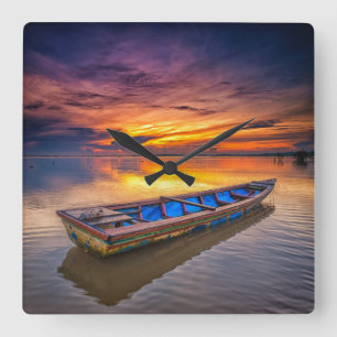 Fishing Boat At Sunrise   Jubakar Beach Square Wall Clock