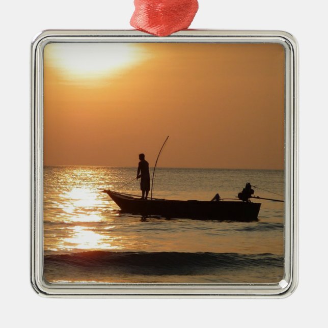 Fishing Boat at Sunset Metal Tree Decoration (Front)