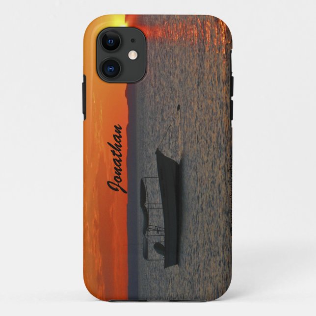Fishing Boat at Sunset, Orange Sky, Name Case-Mate iPhone Case (Back)