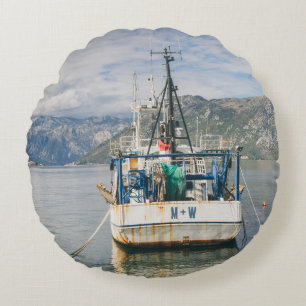 Fishing Boat at the Picturesque Bay Round Cushion