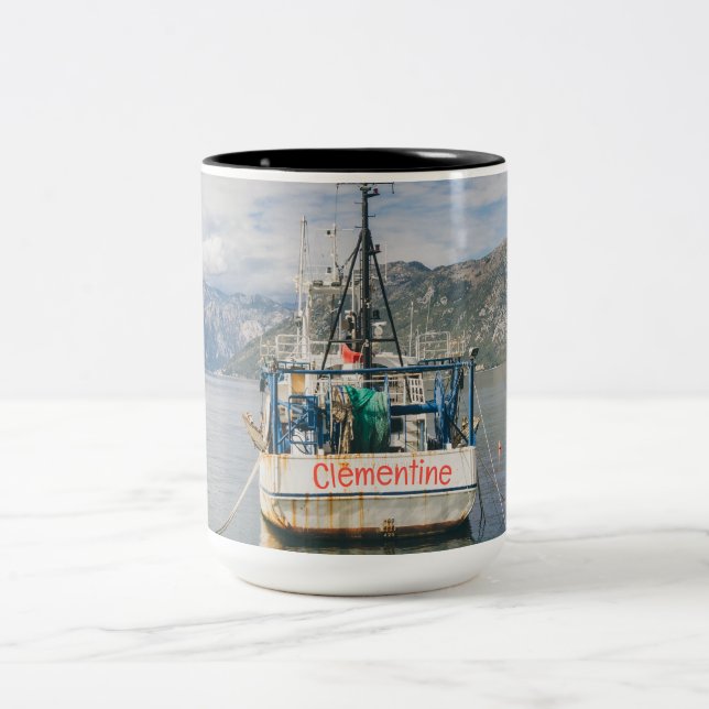 Fishing Boat at the Picturesque Bay Two-Tone Coffee Mug (Center)