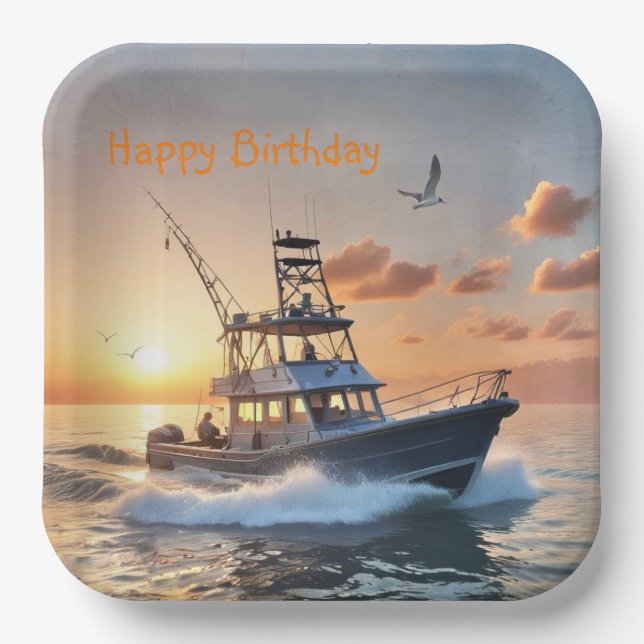 Fishing Boat Birthday Paper Plate (Front)