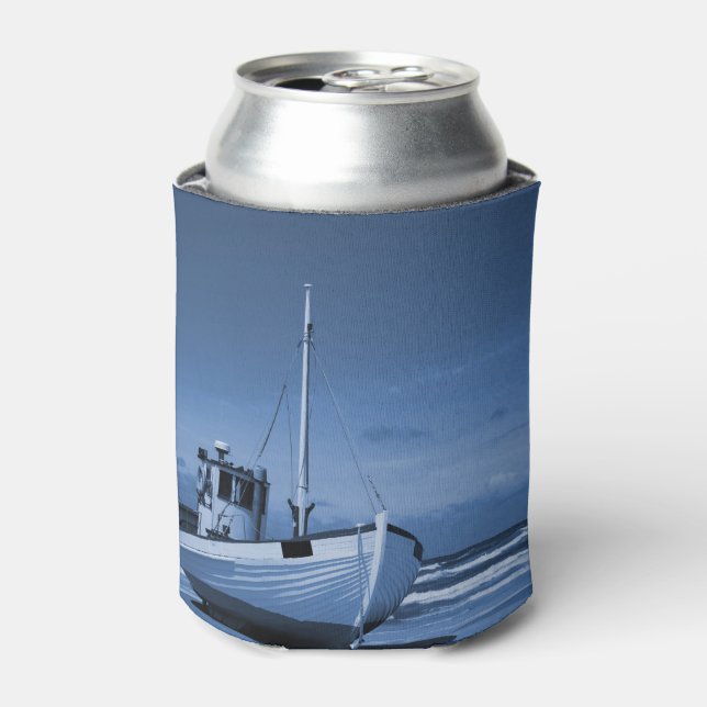 Fishing boat blue beach vintage can cooler (Can Front)