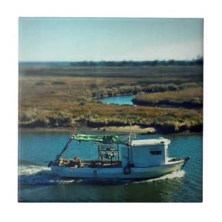 Fishing Boat Blue water in Marshland Tile