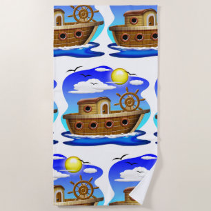 Fishing Boat Cartoon Beach Towel
