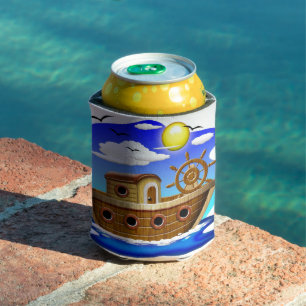 Fishing Boat Cartoon Can Cooler