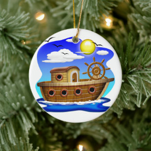 Fishing Boat Cartoon  Ceramic Tree Decoration