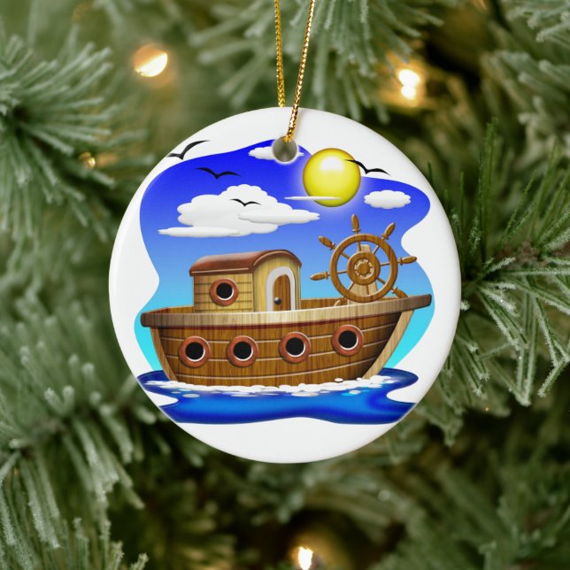 Fishing Boat Cartoon  Ceramic Tree Decoration (Tree)