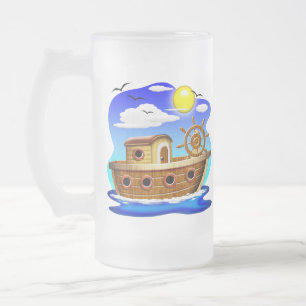Fishing Boat Cartoon Frosted Glass Beer Mug