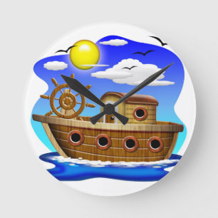 Fishing Boat Cartoon  Round Clock