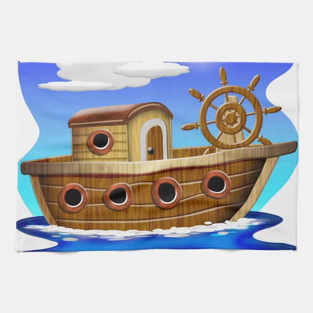 Fishing Boat Cartoon Tea Towel (Horizontal)