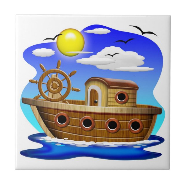 Fishing Boat Cartoon  Tile (Front)